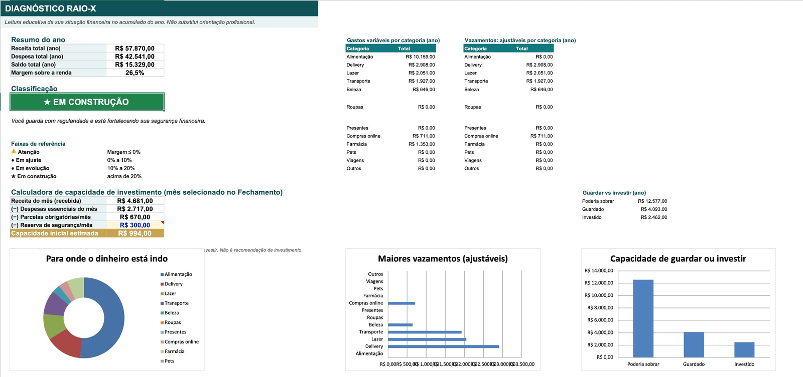 Painel de Diagnóstico do Raio-X Financeiro — resumo do ano, faixa de situação e gráficos